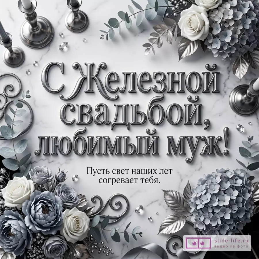 Белая мраморная открытка с серебристыми подсвечниками, серо-белыми розами, гортензиями, листьями и текстом «С Железной свадьбой, любимый муж! Пусть свет наших лет согревает тебя.»