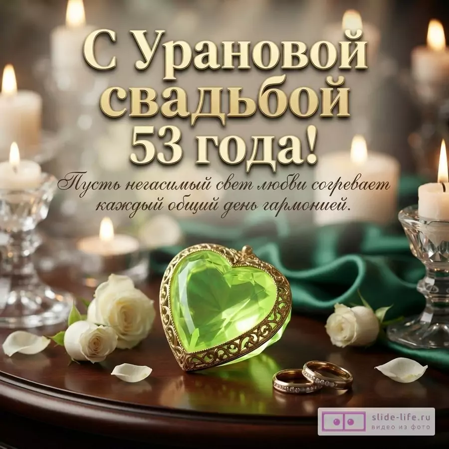Фон с горящими свечами, золотой текст «С Урановой свадьбой 53 года! Пусть негасимый свет любви согревает каждый общий день гармонией.», зеленое сердце, белые розы, обручальные кольца.