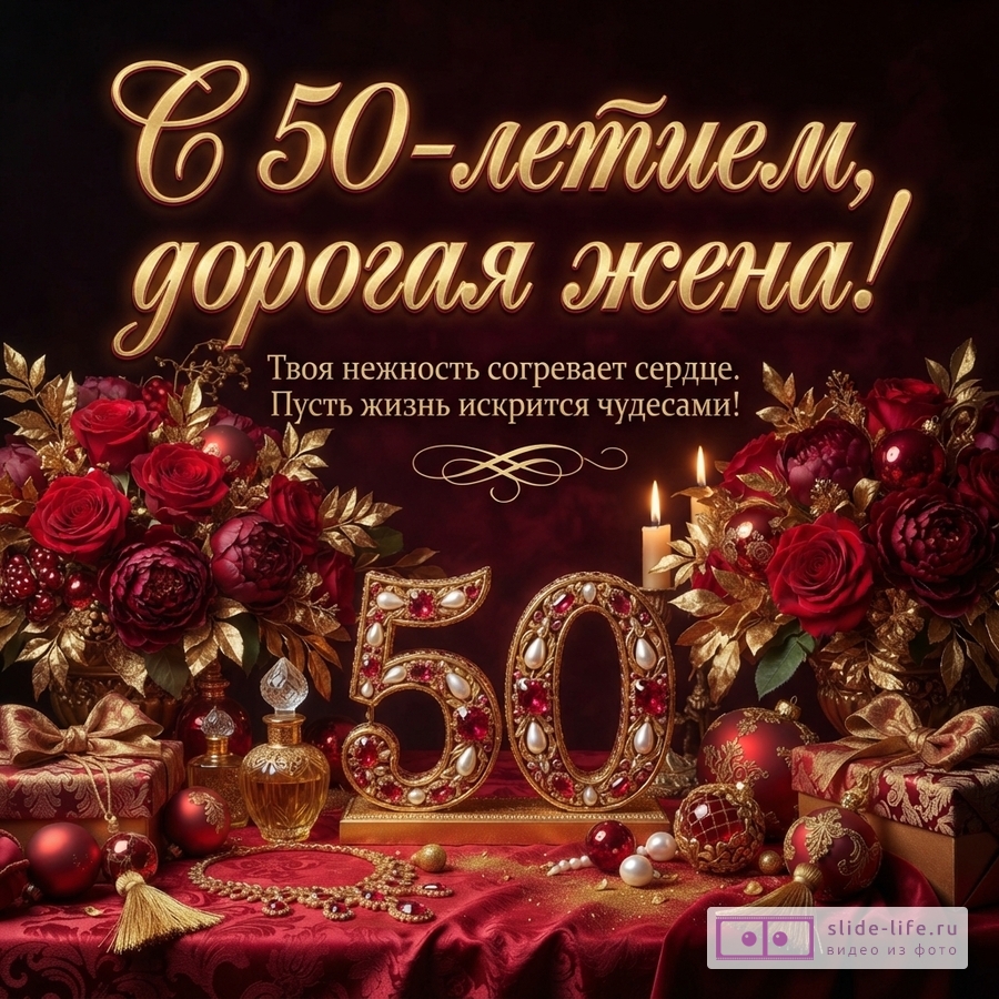 Темно-бордовый фон, золотые буквы, красные розы, золотые листья, свечи, цифры «50» из золота с жемчугом и рубинами, подарки, флаконы духов, бусы. Текст: «С 50-летием, дорогая жена! Твоя нежность согревает сердце. Пусть жизнь искрится чудесами!»