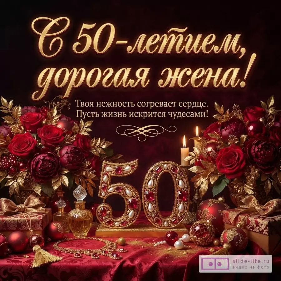 Темно-бордовый фон, золотые буквы, красные розы, золотые листья, свечи, цифры «50» из золота с жемчугом и рубинами, подарки, флаконы духов, бусы. Текст: «С 50-летием, дорогая жена! Твоя нежность согревает сердце. Пусть жизнь искрится чудесами!»