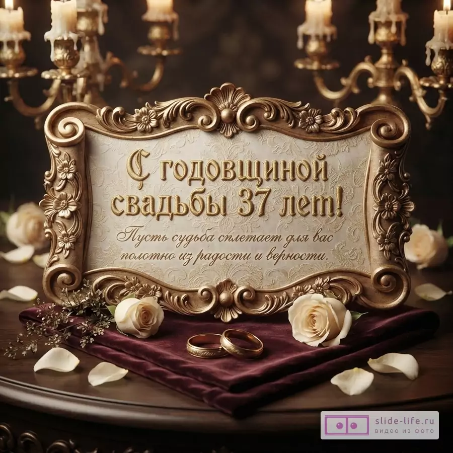 Золотая рамка с текстом «С годовщиной свадьбы 37 лет! Пусть судьба сплетает для вас полотно из радости и верности.» на бежевом фоне, два золотых кольца на бордовой ткани, белые розы и лепестки, свечи на заднем плане.