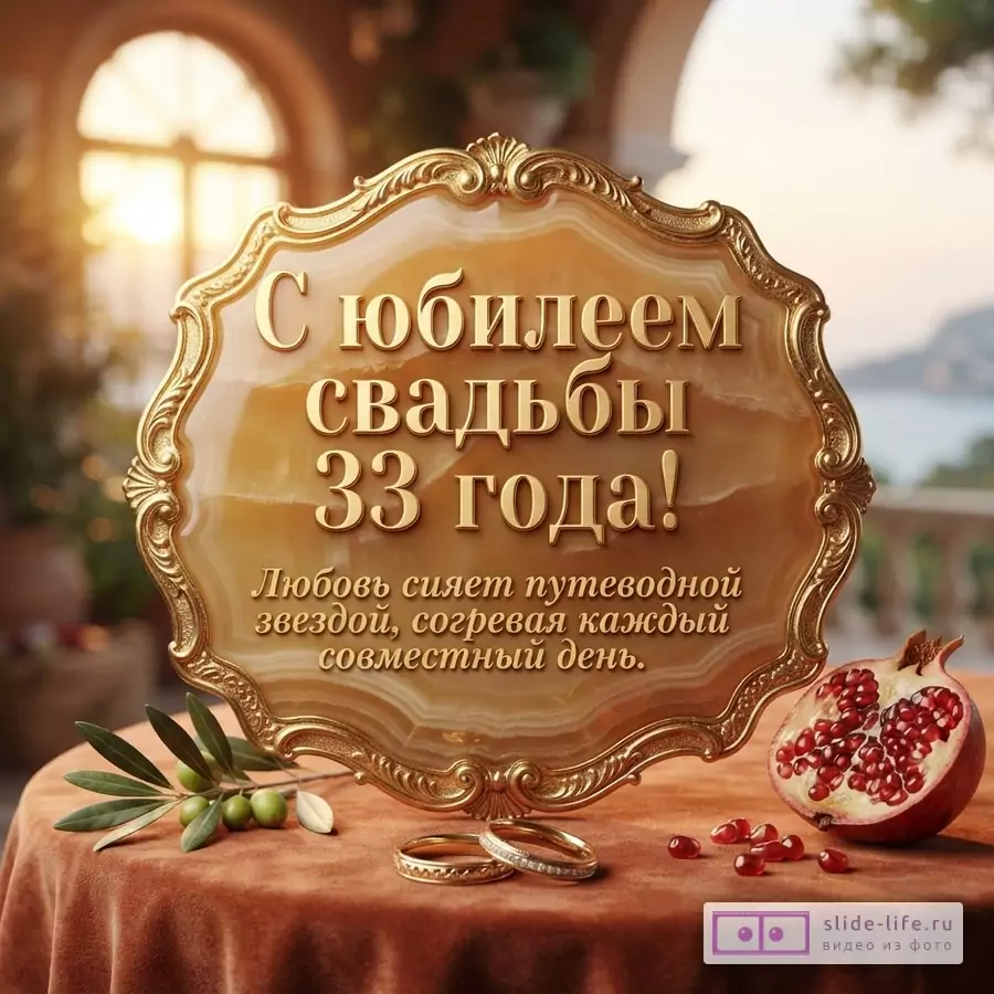 Золотая рамка на фоне окна, на рамке текст «С юбилеем свадьбы 33 года! Любовь сияет путеводной звездой, согревая каждый совместный день.». На столе гранат, оливки и два обручальных кольца.