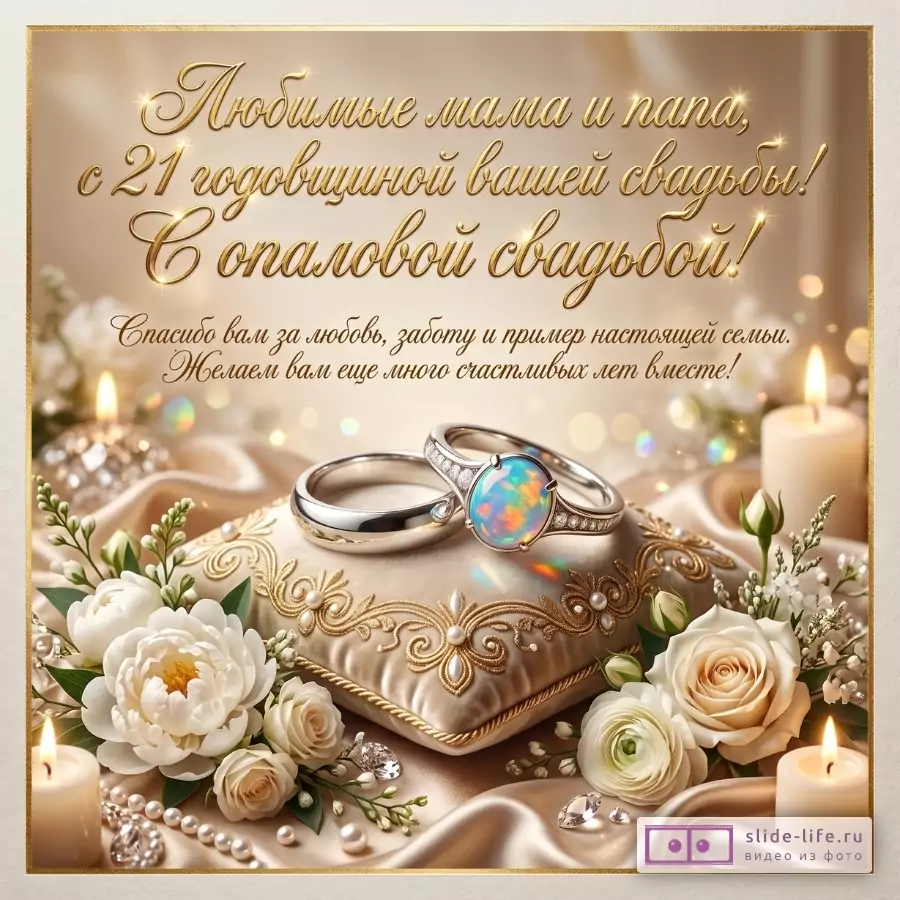Бежево-золотой фон, обручальные кольца с опалом на атласной подушке, белые розы, пионы, свечи, жемчуг. Текст: «Любимые мама и папа, с 21 годовщиной вашей свадьбы! С опаловой свадьбой!»