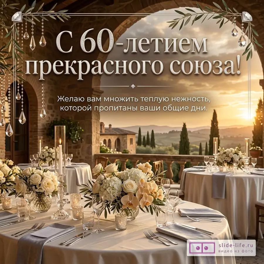 Бежевая открытка с террасой, сервированными столами, белыми цветами, свечами, арками, закатным небом и ветвями с подвесками, текст «С 60-летием прекрасного союза! Желаю вам множить теплую нежность, которой пропитаны ваши общие дни.»