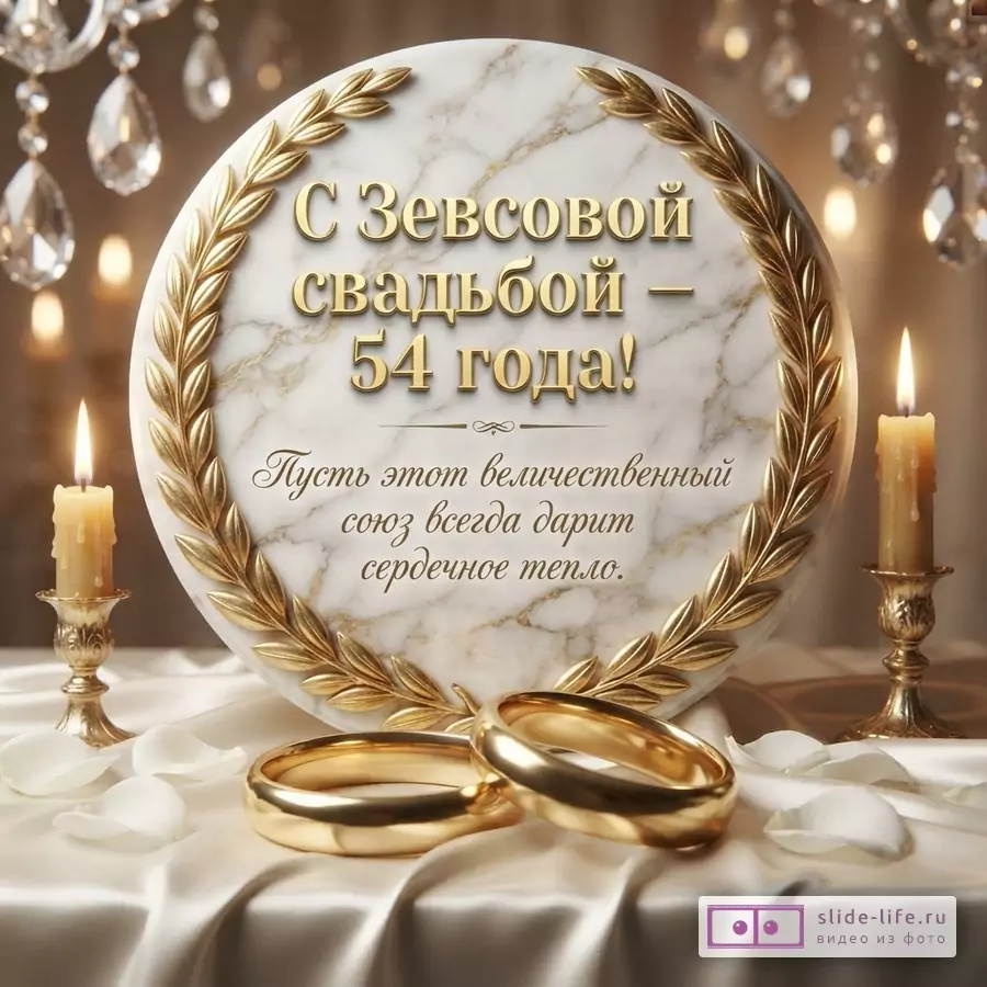 Круглая мраморная табличка с золотым лавровым венком, на ней текст «С Зевсовой свадьбой – 54 года! Пусть этот величественный союз всегда дарит сердечное тепло.». На переднем плане два золотых обручальных кольца на белой атласной ткани, рядом лепестки роз и две горящие свечи в подсвечниках.