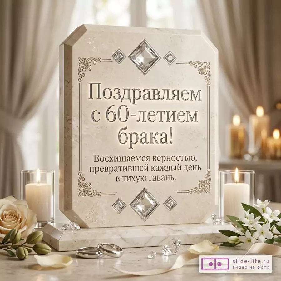 Мраморная памятная плита бежевого цвета с декоративной рамкой, кристаллами, свечами, кольцами, белыми цветами и текстом «Поздравляем с 60-летием брака! Восхищаемся верностью, превратившей каждый день в тихую гавань.»