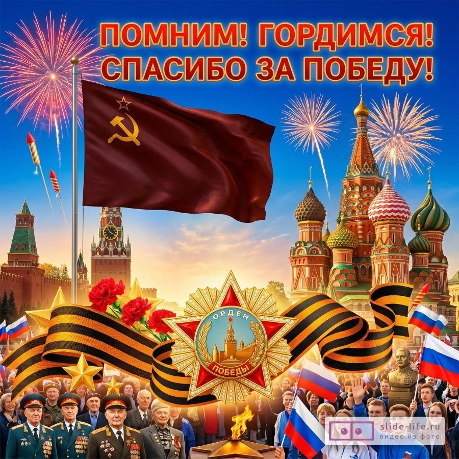 Открытка с Днём Победы 9 мая: поздравление с благодарностью и гордостью