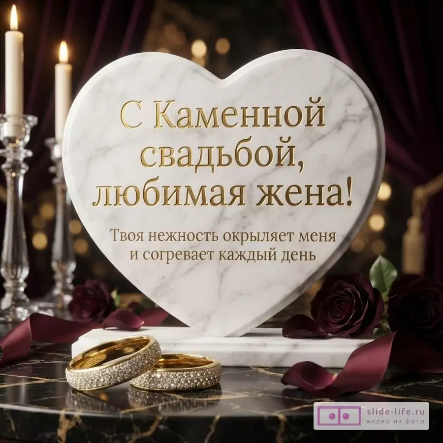 Белое мраморное сердце с золотыми буквами на черном мраморном столе. На столе два золотых кольца с бриллиантами, бордовые розы и ленты. Фон темный с горящими свечами. Текст: «С Каменной свадьбой, любимая жена! Твоя нежность окрыляет меня и согревает каждый день»