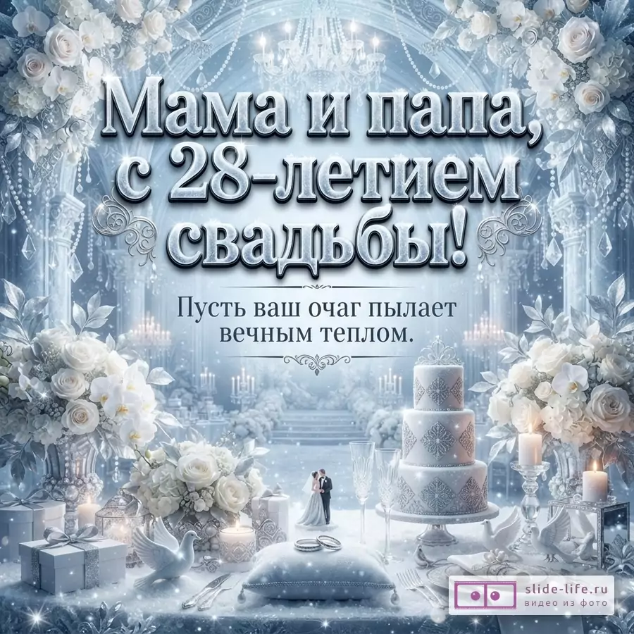Фон голубой, белый. На переднем плане свадебный торт, фигурки жениха и невесты, кольца, свечи, подарки, белые цветы. Текст «Мама и папа, с 28-летием свадьбы! Пусть ваш очаг пылает вечным теплом.»