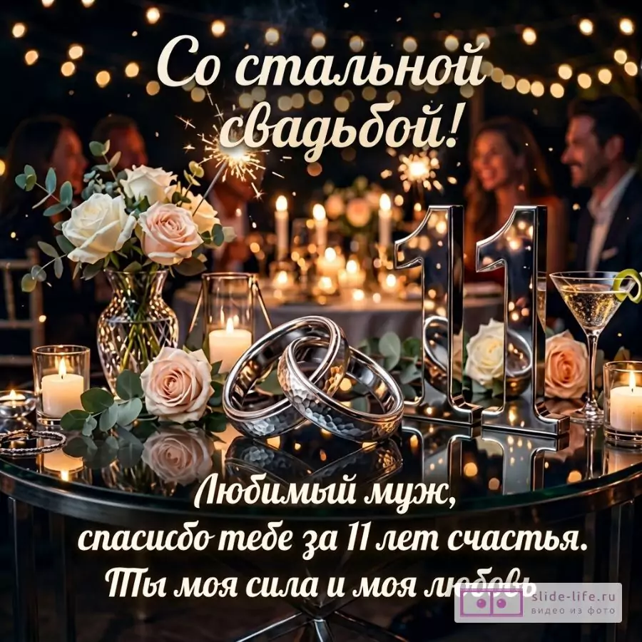 11 лет свадьбы мужу от жены — открытка со Стальной свадьбой и душевными словами любви