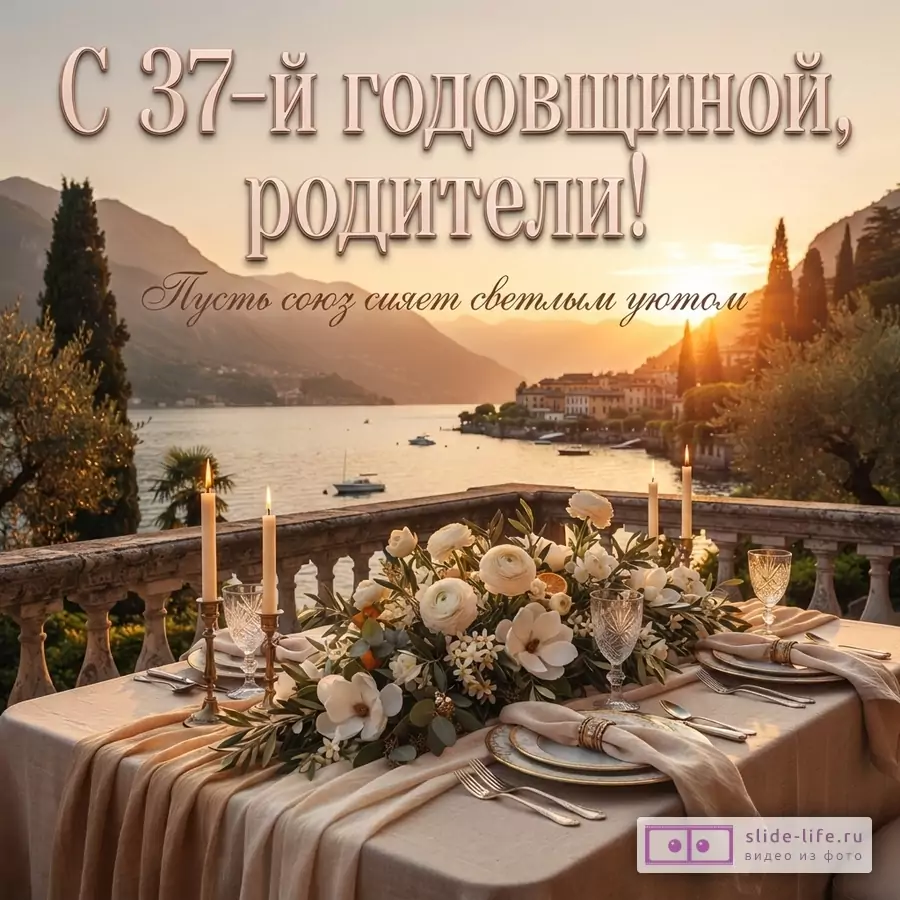 Открытка с видом на озеро и горы на закате, на переднем плане сервированный стол с цветами и свечами. Текст «С 37-й годовщиной, родители! Пусть союз сияет светлым уютом.»