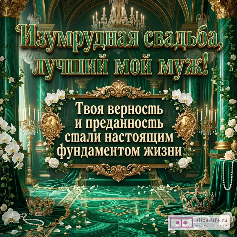 Открытка в изумрудных и золотых тонах с театральными драпировками, люстрой, белыми цветами, свечами, коронами, жемчугом и текстом «Изумрудная свадьба, лучший мой муж! Твоя верность и преданность стали настоящим фундаментом жизни.»