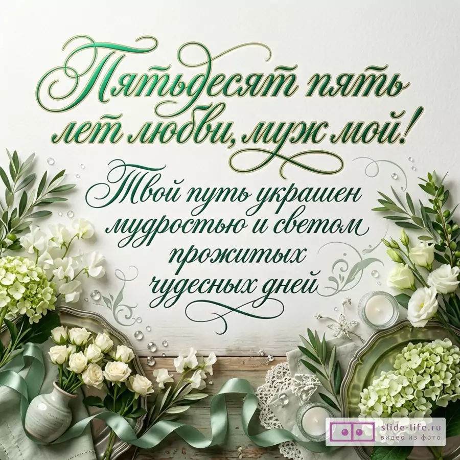 Открытка с белым фоном, зелёной каллиграфией, белыми розами, гортензией, зелёными ветвями, свечами, лентой и текстом «Пятьдесят пять лет любви, муж мой! Твой путь украшен мудростью и светом прожитых чудесных дней»