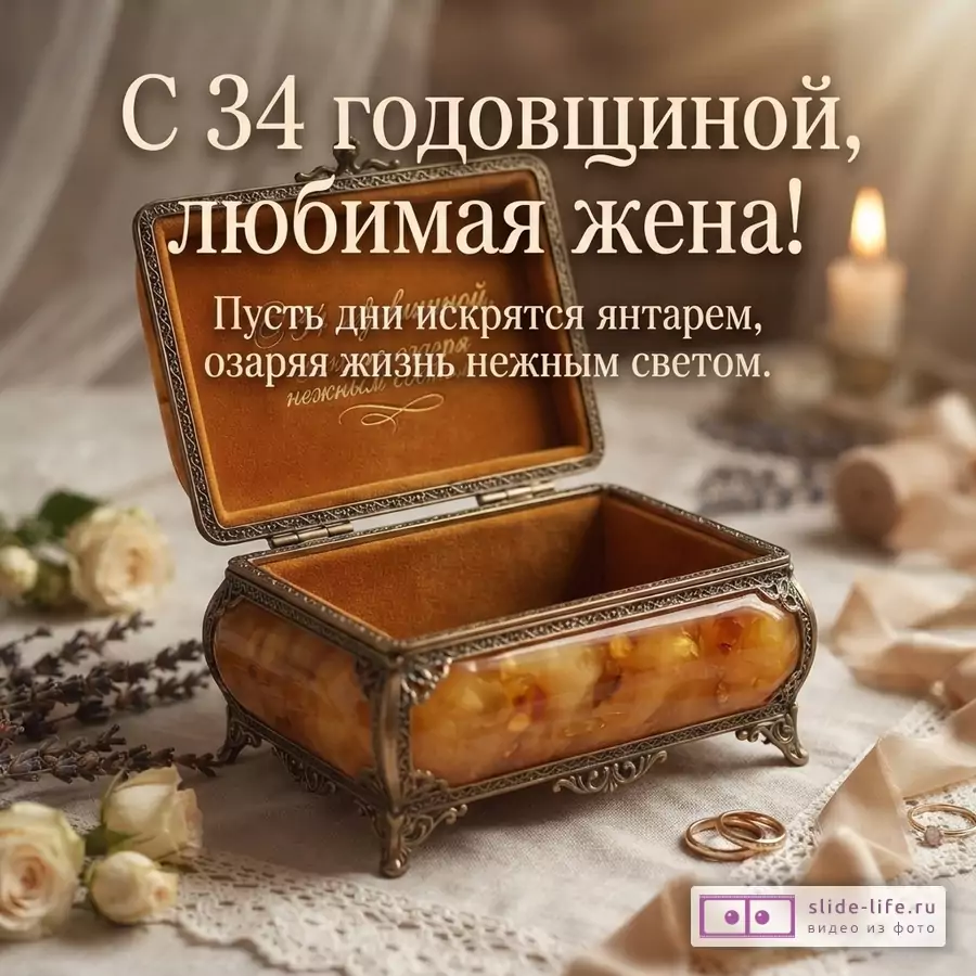 Открытка с янтарной шкатулкой, белыми розами, свечой, обручальными кольцами. Текст: «С 34 годовщиной, любимая жена! Пусть дни искрятся янтарем, озаряя жизнь нежным светом.»
