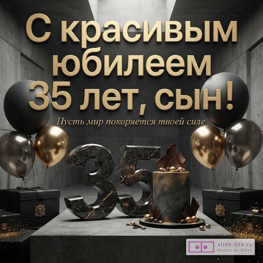 Объемная цифра 35 из мрамора, черный торт, подарки и воздушные шары на сером бетонном фоне с текстом «С красивым юбилеем 35 лет, сын! Пусть мир покоряется твоей силе».