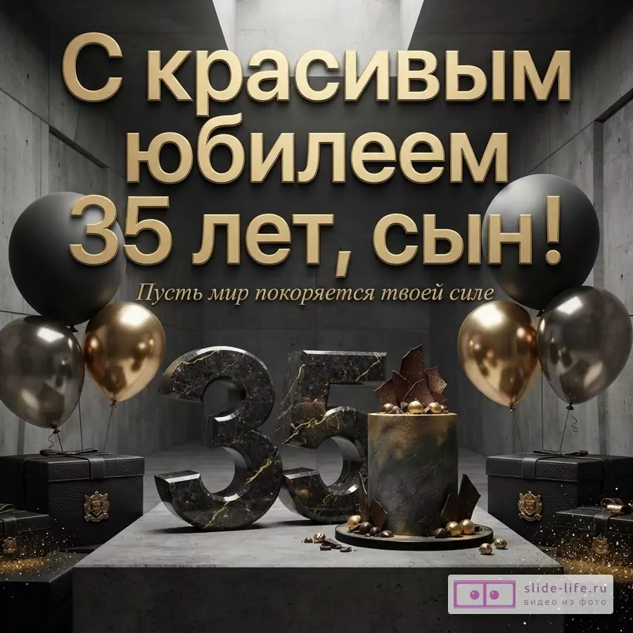 Объемная цифра 35 из мрамора, черный торт, подарки и воздушные шары на сером бетонном фоне с текстом «С красивым юбилеем 35 лет, сын! Пусть мир покоряется твоей силе».