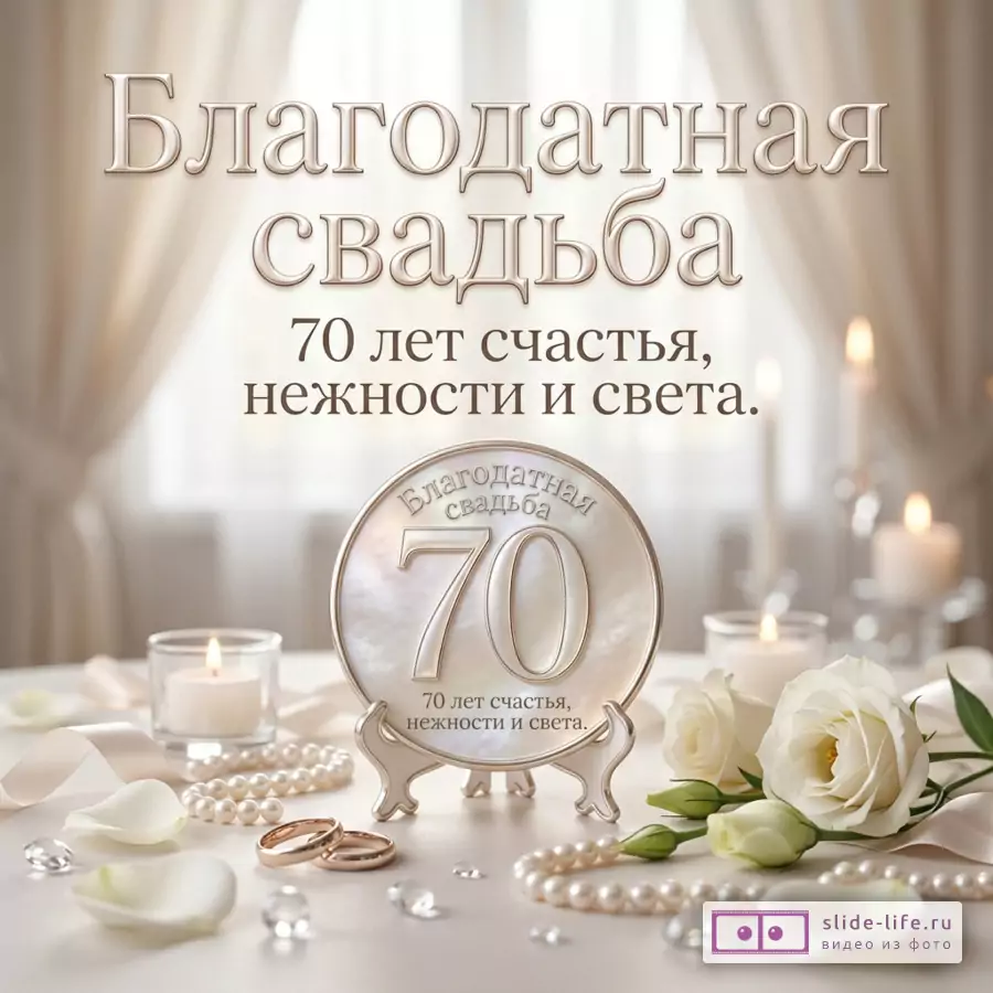 Светлый бежево-белый фон с драпировками, свечами, белыми розами, жемчугом, обручальными кольцами и декоративной тарелкой с текстом «Благодатная свадьба 70 лет счастья, нежности и света.»