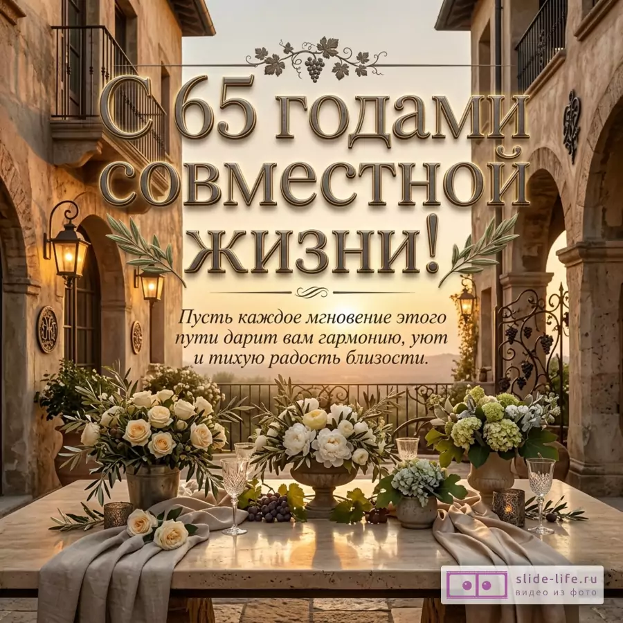 Бежевая открытка с арками, фонарями, столом с белыми цветами, бокалами и виноградом, текст «С 65 годами совместной жизни! Пусть каждое мгновение этого пути дарит вам гармонию, уют и тихую радость близости.»