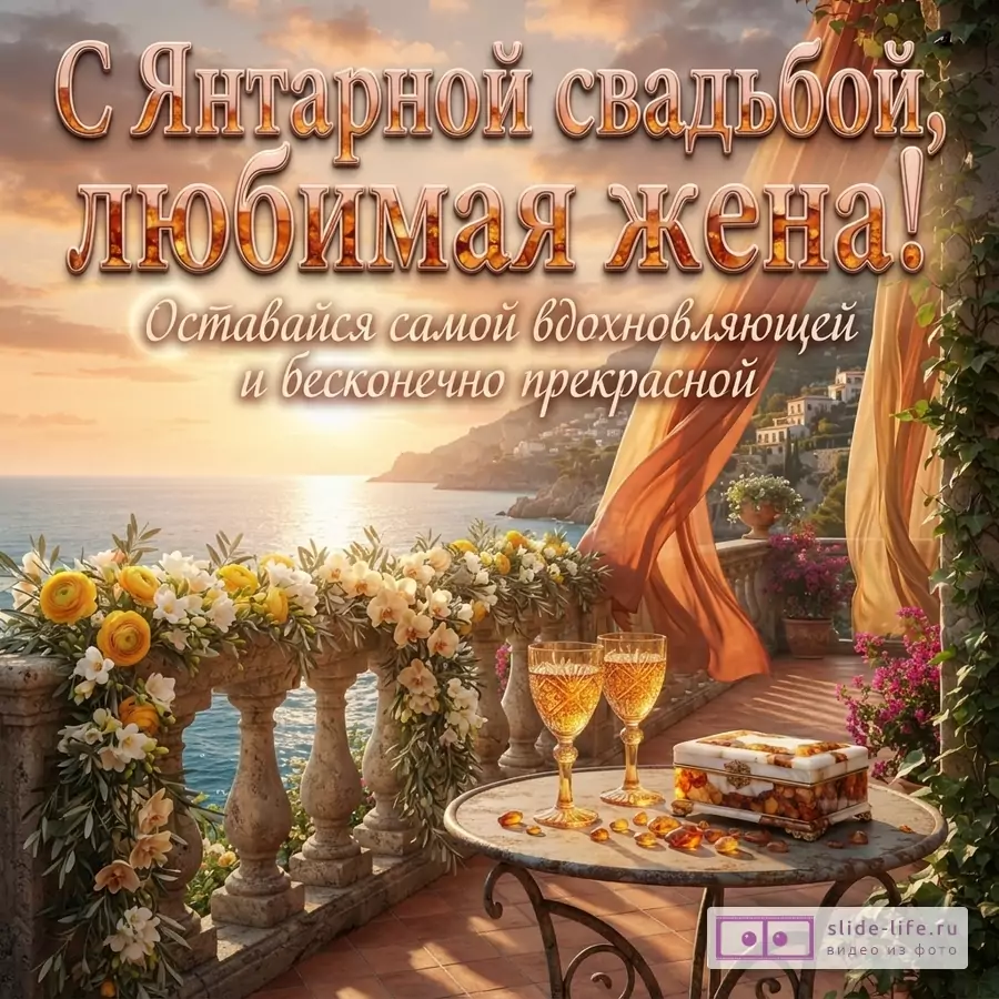 Открытка с видом на море и горы, на балконе стол с двумя бокалами и шкатулкой, перила украшены цветами. Текст «С Янтарной свадьбой, любимая жена! Оставайся самой вдохновляющей и бесконечно прекрасной»