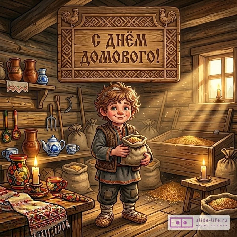 Скачать открытку с Днём домового бесплатно — милый домовой и поздравление