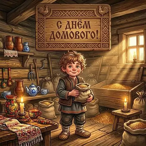 Скачать открытку с Днём домового бесплатно — милый домовой и поздравление