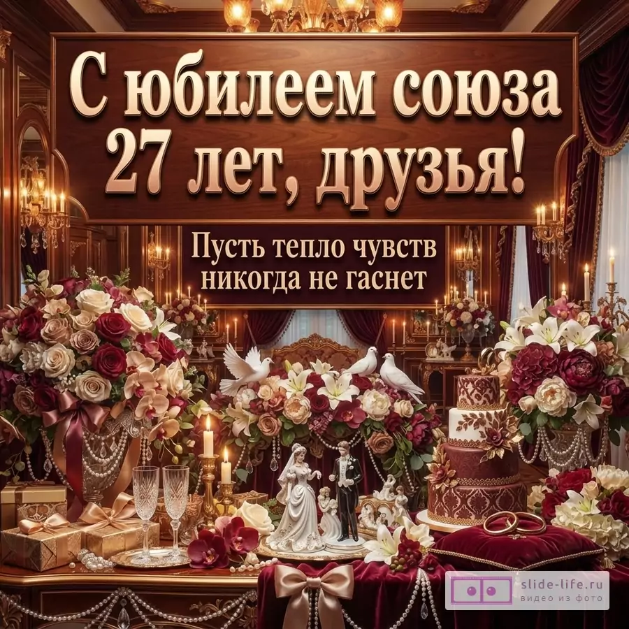 Открытка с деревянным фоном, золотыми буквами и красными шторами. Текст «С юбилеем союза 27 лет, друзья!» и «Пусть тепло чувств никогда не гаснет».