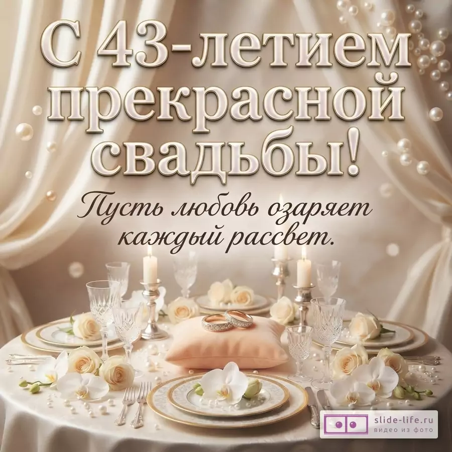 Бежевый фон, бежевые шторы, жемчуг. На переднем плане сервированный стол с белой скатертью, белыми цветами, свечами, обручальными кольцами на подушечке. Текст: «С 43-летием прекрасной свадьбы! Пусть любовь озаряет каждый рассвет.»