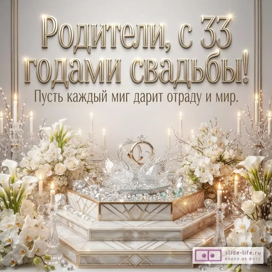 Бежевый фон, золотые буквы, свечи, белые цветы, хрустальные лебеди, кольца. Текст: «Родители, с 33 годами свадьбы! Пусть каждый миг дарит отраду и мир.»