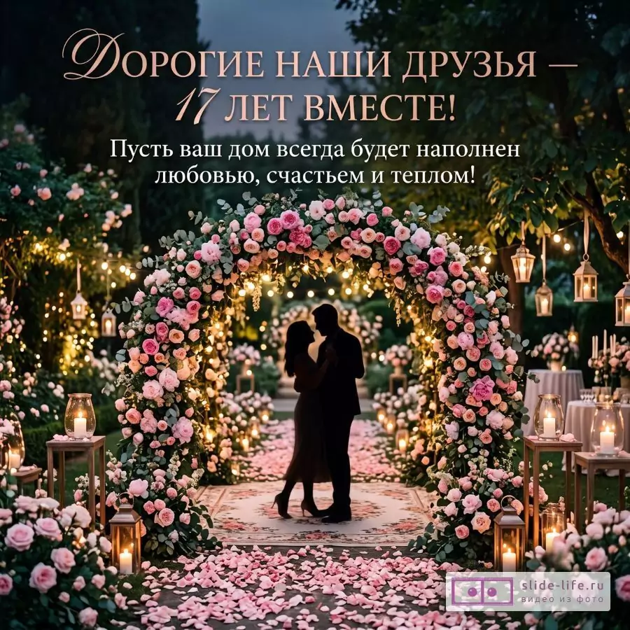 Темный зеленый фон, розово-белая цветочная арка, силуэт пары, свечи и фонари, лепестки роз. Текст: «Дорогие наши друзья — 17 лет вместе! Пусть ваш дом всегда будет наполнен любовью, счастьем и теплом!»
