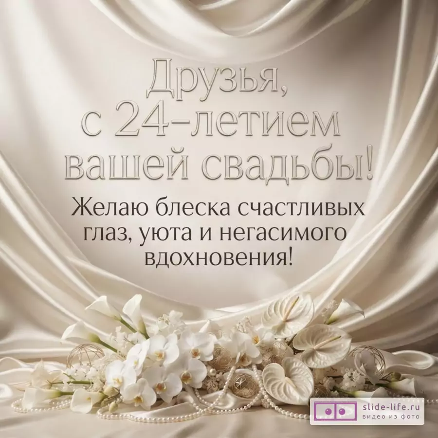 Драпировка из бежевого атласа, белые орхидеи, каллы, антуриумы, нити жемчуга и текст: «Друзья, с 24-летием вашей свадьбы! Желаю блеска счастливых глаз, уюта и негасимого вдохновения!»