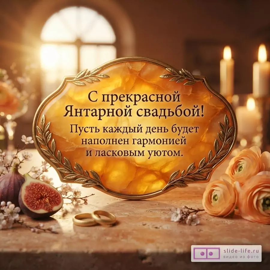 Золотистая рамка с текстом «С прекрасной Янтарной свадьбой! Пусть каждый день будет наполнен гармонией и ласковым уютом.» на фоне янтарного камня, на столе инжир, обручальные кольца, цветы, свечи, солнечный свет из окна.