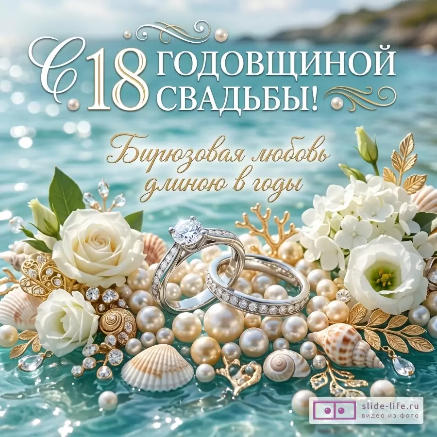 Бирюзовый морской фон, белые розы, жемчуг, ракушки и обручальные кольца. Текст: «С 18 годовщиной свадьбы!» и «Бирюзовая любовь длиною в годы».