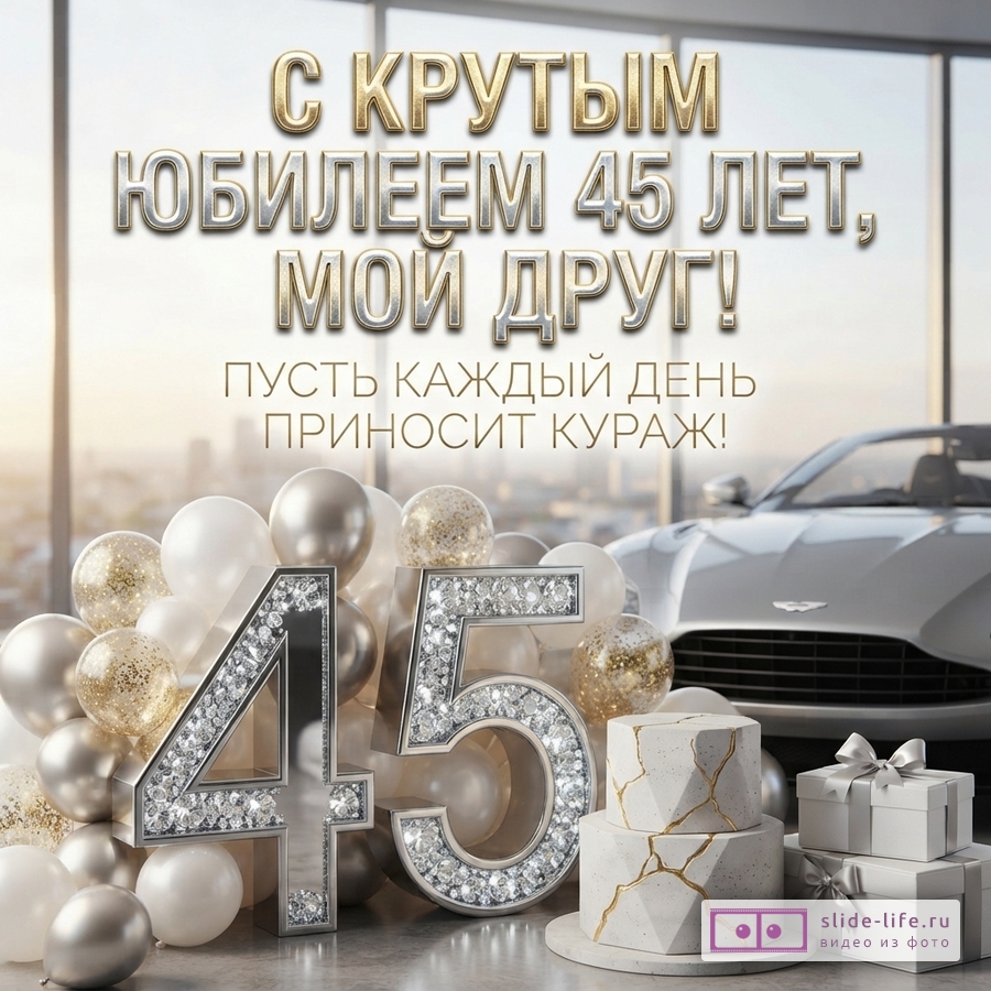 Открытка с золотыми буквами на фоне окна с видом на город, белой машиной, шарами, тортом и подарками. Текст: «С КРУТЫМ ЮБИЛЕЕМ 45 ЛЕТ, МОЙ ДРУГ! ПУСТЬ КАЖДЫЙ ДЕНЬ ПРИНОСИТ КУРАЖ!»