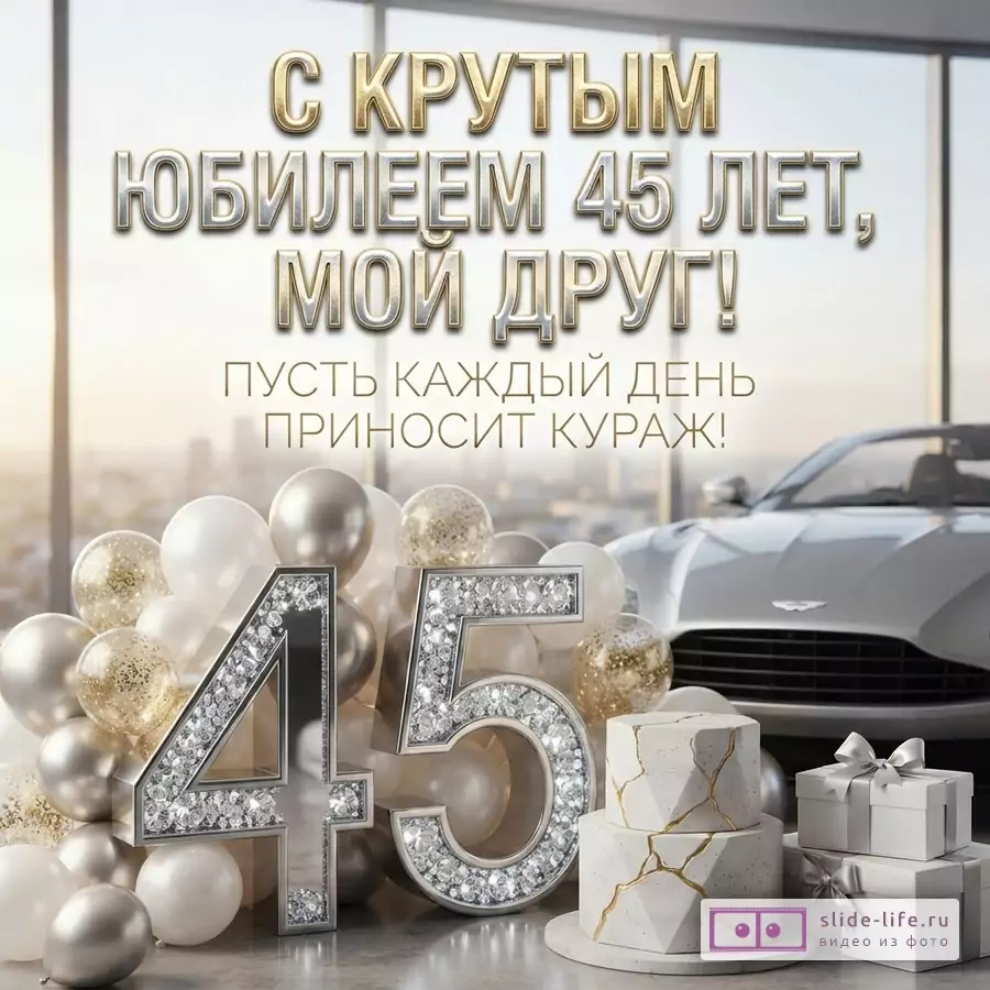 Открытка с золотыми буквами на фоне окна с видом на город, белой машиной, шарами, тортом и подарками. Текст: «С КРУТЫМ ЮБИЛЕЕМ 45 ЛЕТ, МОЙ ДРУГ! ПУСТЬ КАЖДЫЙ ДЕНЬ ПРИНОСИТ КУРАЖ!»