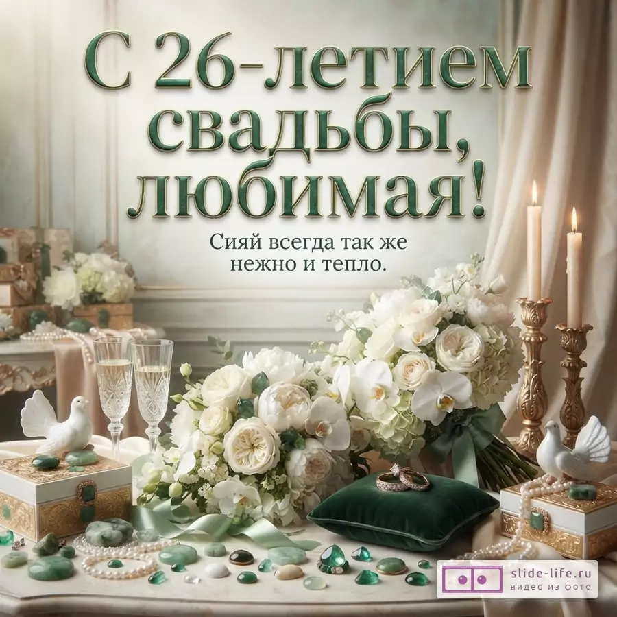Текст «С 26-летием свадьбы, любимая! Сияй всегда так же нежно и тепло.» на светлом фоне, цветочные композиции, свечи, бокалы, зеленые камни и подарочные коробки