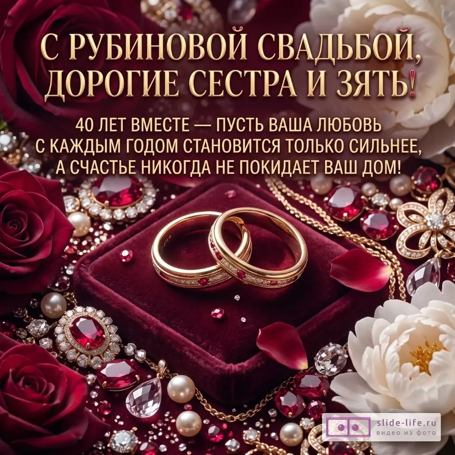Бордовый фон, розы, жемчуг, рубиновые украшения и два золотых кольца. Текст: «С рубиновой свадьбой, дорогие сестра и зять!»