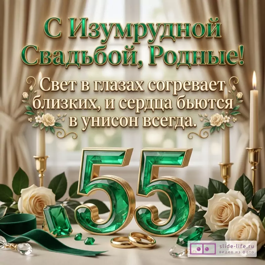 Открытка с текстом «С Изумрудной Свадьбой, Родные! Свет в глазах согревает близких, и сердца бьются в унисон всегда.» Бежевый фон, зеленые цифры 55, золотые кольца, белые розы, свечи, изумруды