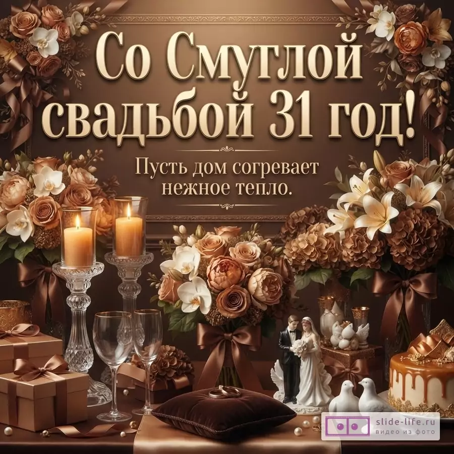 Коричневая открытка с цветами, свечами, бокалами и свадебными фигурками. Текст: «Со Смуглой свадьбой 31 год! Пусть дом согревает нежное тепло.»