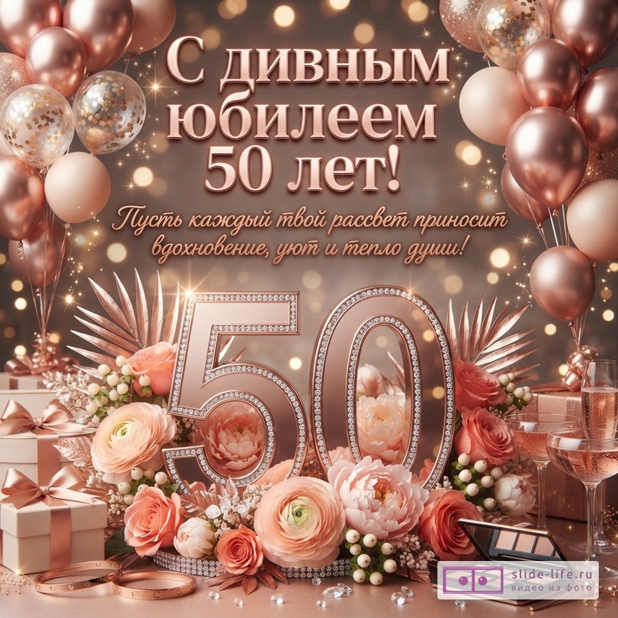 Бронзово-бежевый фон с воздушными шарами, подарками, бокалами и надписью «С дивным юбилеем 50 лет! Пусть каждый твой рассвет приносит вдохновение, уют и тепло души!»