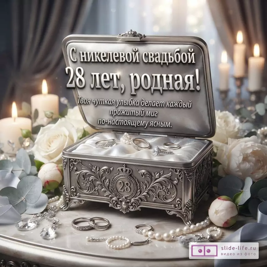 Открытка с никелевой свадьбой, фон серый, на переднем плане открытая шкатулка с кольцами, свечи, цветы, жемчуг. Текст: «С никелевой свадьбой 28 лет, родная! Твоя чуткая улыбка делает каждый прожитый миг по-настоящему ясным.»