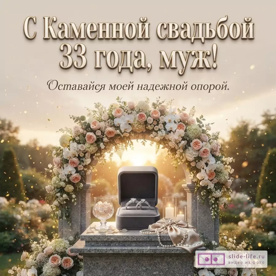 Бежевый фон, сверху надпись золотыми буквами «С Каменной свадьбой 33 года, муж!», ниже надпись «Оставайся моей надежной опорой.». В центре арка из цветов, под ней на каменном постаменте открытая коробочка с двумя кольцами, рядом бокал с лепестками, свечи и жемчужное ожерелье с атласной лентой.