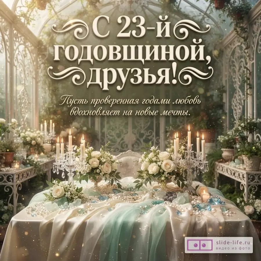 Праздничный стол с белыми розами, хрустальными канделябрами со свечами и тканями в оранжерее, надпись: «С 23-й годовщиной, друзья! Пусть проверенная годами любовь вдохновляет на новые мечты.»