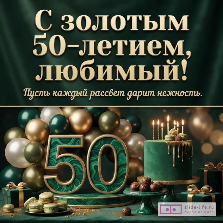 Открытка с золотыми буквами на темно-зеленом фоне, текст «С золотым 50-летием, любимый! Пусть каждый рассвет дарит нежность.». Внизу цифры 50 из малахита, зеленый торт со свечами, шары, макаруны, конфеты, подарки.