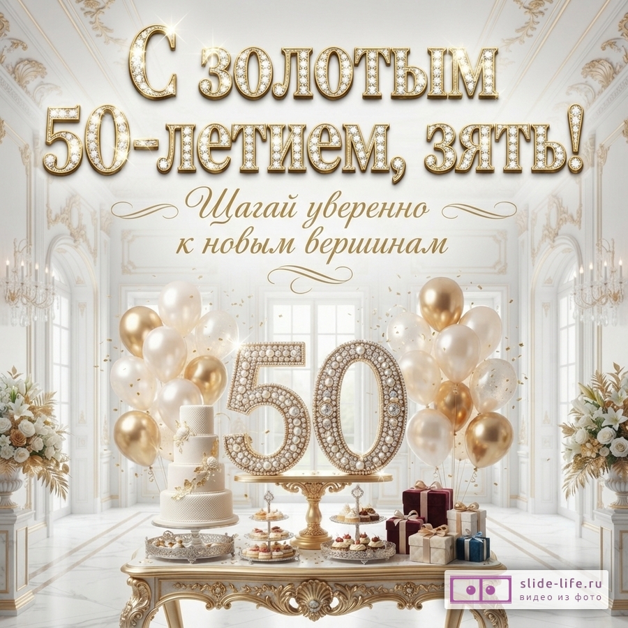 Открытка с золотым фоном, белыми стенами, золотыми шарами, тортом и подарками. Текст: «С золотым 50-летием, зять! Шагай уверенно к новым вершинам»