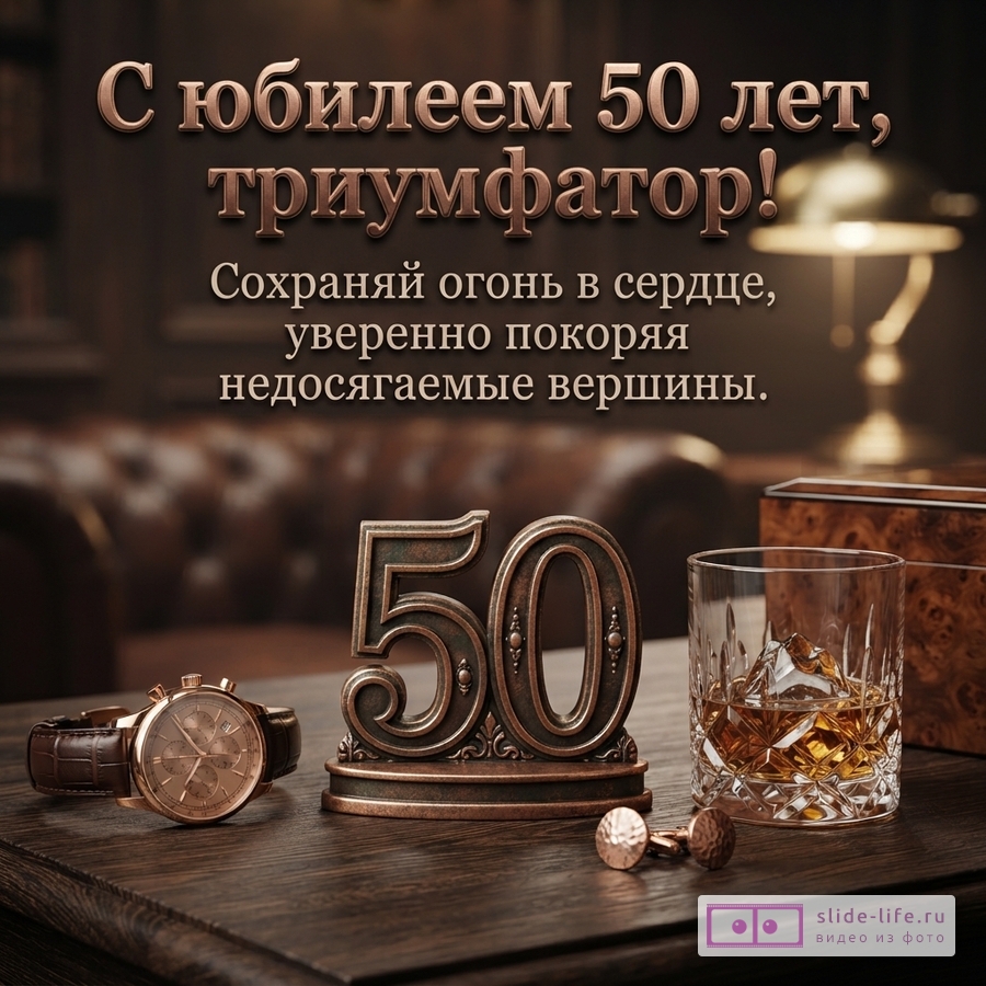 Открытка с коричневым фоном, на переднем плане деревянный стол с часами, цифрой «50», запонками и стаканом виски. Текст: «С юбилеем 50 лет, триумфатор! Сохраняй огонь в сердце, уверенно покоряя недосягаемые вершины.»