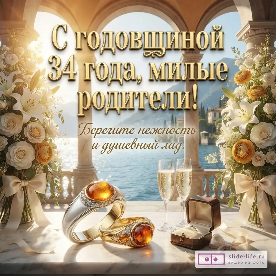 Фон с арками и видом на озеро, два букета белых и желтых цветов, два бокала шампанского, два кольца с янтарем, открытая коробочка с кольцом. Текст «С годовщиной 34 года, милые родители! Берегите нежность и душевный лад.»
