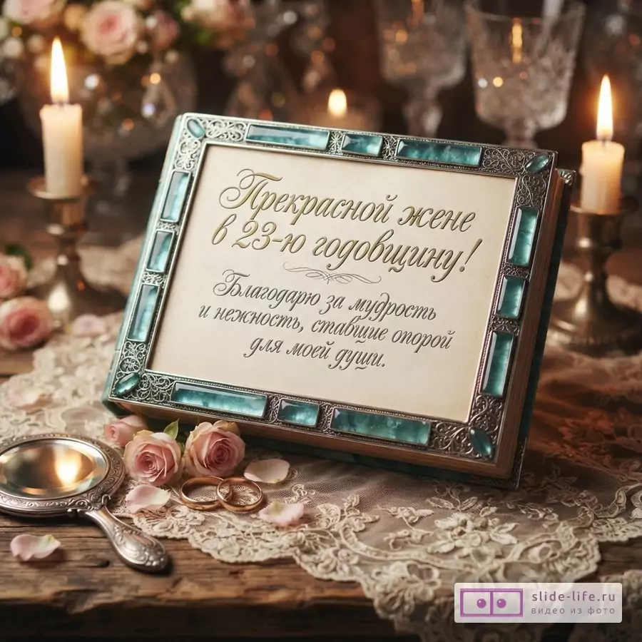 Шкатулка в оправе с бериллами на кружевной скатерти рядом с кольцами, свечами и надписью «Прекрасной жене в 23-ю годовщину! Благодарю за мудрость и нежность, ставшие опорой для моей души.»
