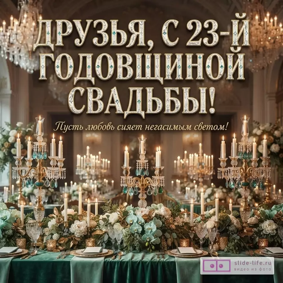 Сервированный банкетный стол с цветами, свечами в золотых канделябрах и надписью «ДРУЗЬЯ, С 23-Й ГОДОВЩИНОЙ СВАДЬБЫ! Пусть любовь сияет негасимым светом!».