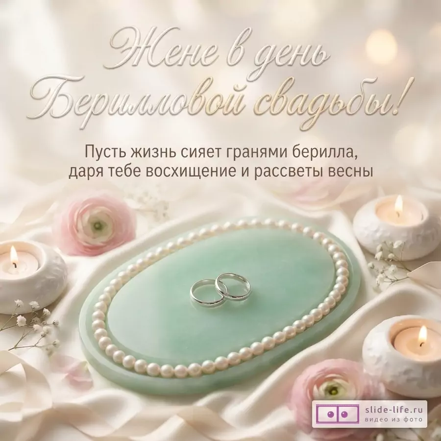 Обручальные кольца на нефритовой подставке с жемчугом, свечой и цветами, надпись: «Жене в день Берилловой свадьбы! Пусть жизнь сияет гранями берилла, даря тебе восхищение и зори весны.»