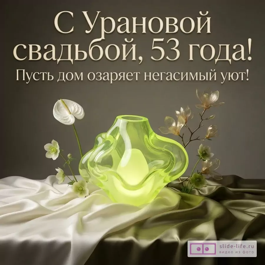 Открытка на Урановую свадьбу, фон темно-серый, внизу белая и оливковая ткань, зеленая ваза, белые и прозрачные цветы. Текст: «С Урановой свадьбой, 53 года! Пусть дом озаряет негасимый уют!»